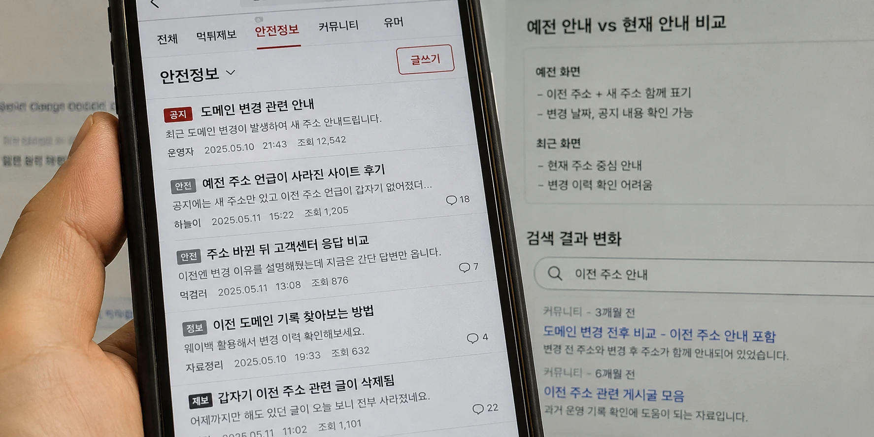 예전 안내는 보이지 않는데 새 주소만 남아 있던 화면