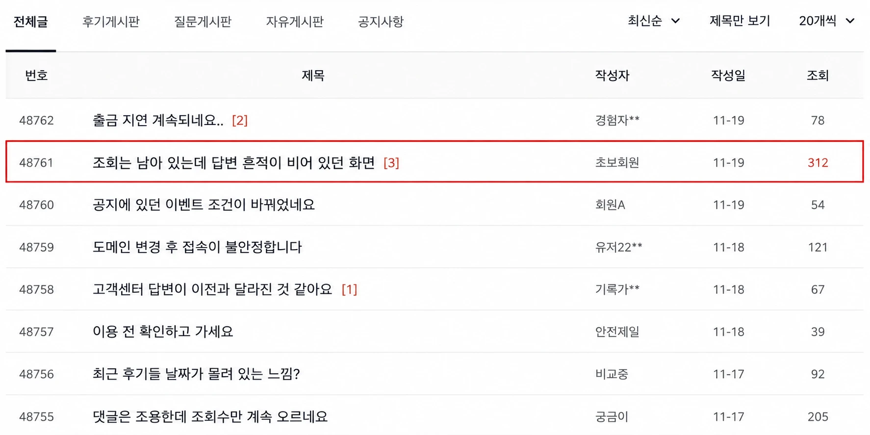 조회는 남아 있는데 답변 흔적이 비어 있던 화면