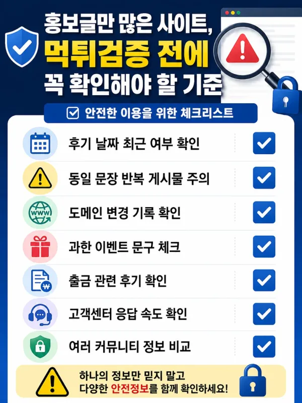 홍보글만 많은 사이트, 먹튀검증 전에 꼭 확인해야 할 기준 체크리스트 이미지